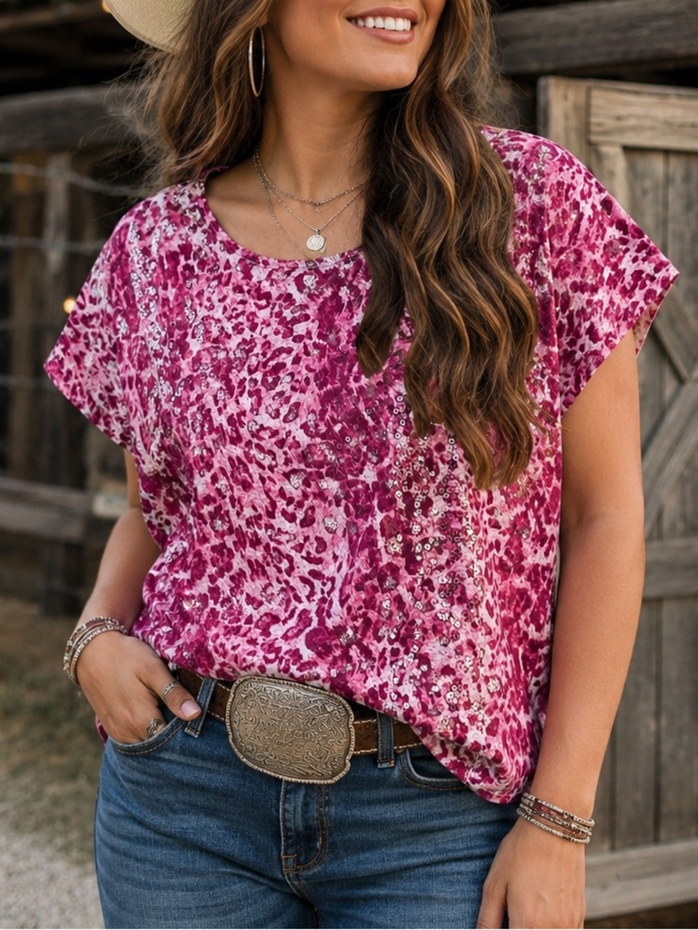 Rock 47 by Wrangler Women’s M Pink Leopard Sequin Western Cowgirl Top